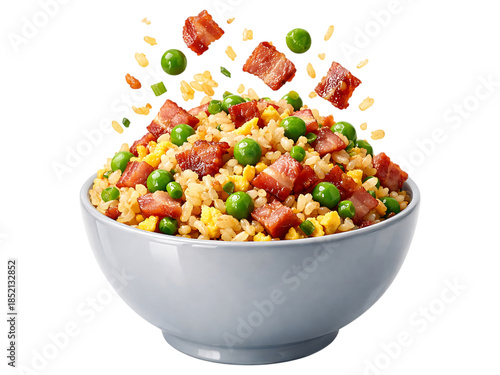 White bowl of fried rice with peas corn and bacon bits bowl, fried rice, peas, corn, bacon bits, food, meal, dish, rice, vegetables, meat, white bowl, black background, culinary, ingredients, cooking,