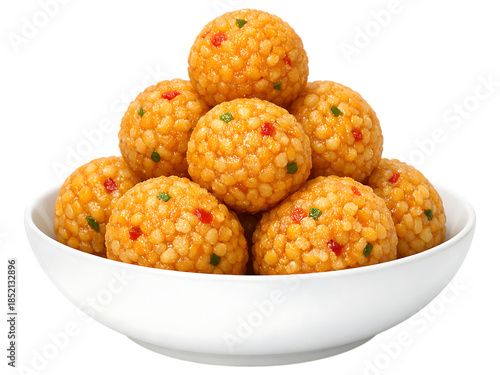 White bowl of orange sweets with red and green bits bowl, sweets, orange, red, green, white, dessert, food, indian, ladoo, boondi, sweet balls, traditional, colorful, sugary, treat, cuisine, snack, pi