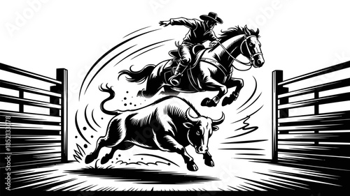 Cowboy Bull Riding Silhouette Jumping Through Ranch Gate With Lasso, Dynamic Rodeo Action Scene In Western Style, Ideal For Posters, Logos, Apparel, And Vector Designs