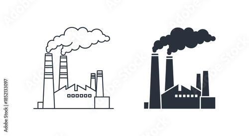 Industrial landscape with factory chimneys emitting smoke depicted in contrasting line art and silhouette