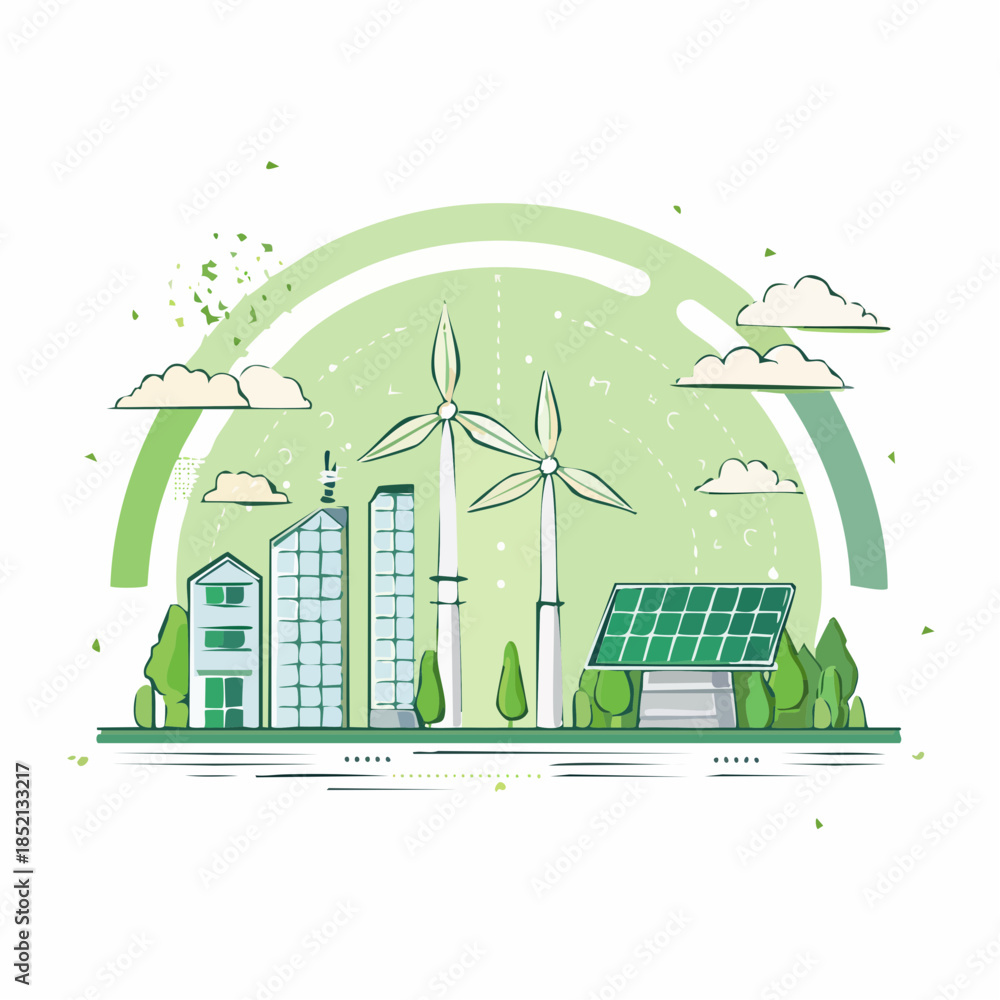 Fototapeta premium Eco friendly cityscape. Sustainable urban landscape. Green energy icons. Wind turbines. Solar panels. Vector illustration of renewable energy. Environmental conservation. White background.
