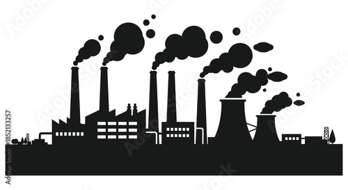 Industrial pollution from factory chimneys and buildings against a light background silhouette