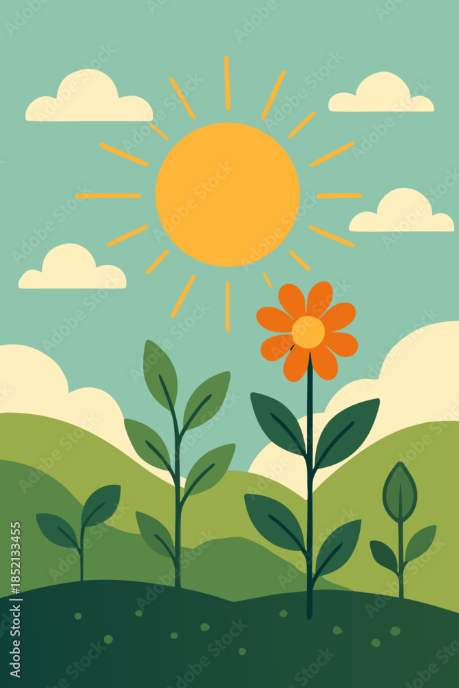 Obraz premium Sunny Flower Growth Illustration with Sun and Plant in Flat Style