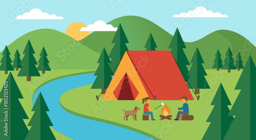 Camping Landscape Illustration with Tent, River and Forest Mountains