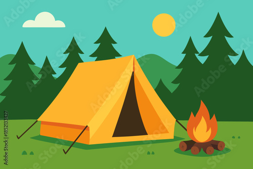 Camping Tent Illustration with Campfire Under Night Sky