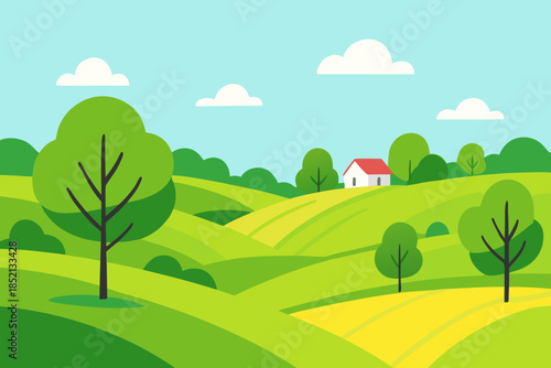 Green Countryside Hills Landscape with Path and Small House