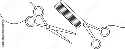 Scissor and comb continuous one line drawing vector illustration, Set of scissors and comb one line continuous drawing vector illustration. one line Icon drawing