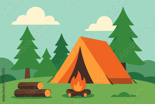 Camping Tent Illustration with Campfire in Forest Clearing