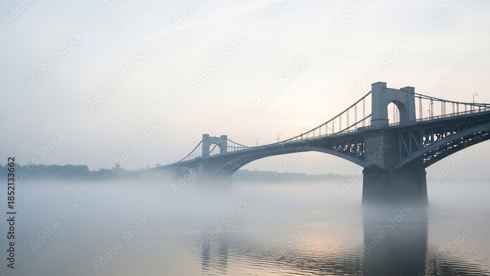 Fototapeta premium Mysterious bridge shrouded in thick fog over calm water at dawn.