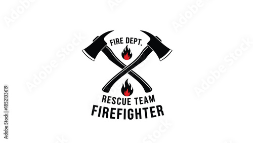 Professional firefighter rescue team emblem with two crossed axes and small flames of fire in a bold black and white design style.