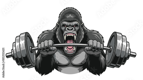 Powerful illustration of a muscular gorilla weightlifting with a heavy barbell while showing a fierce and aggressive expression.