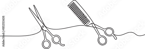 Scissor and comb continuous one line drawing vector illustration, Set of scissors and comb one line continuous drawing vector illustration. one line Icon drawing