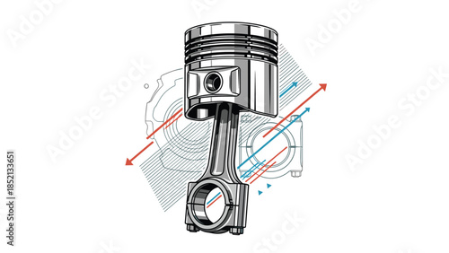 Detailed mechanical illustration of a shiny chrome engine piston with directional arrows and technical background elements.