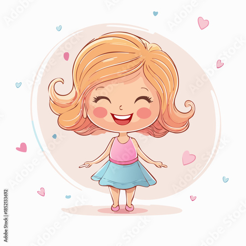 Cartoon girl with blonde hair. Smiling female character. Vector illustration of happy child. Pink and blue colors. Hearts around. White background. Cute girl portrait. Flat style.