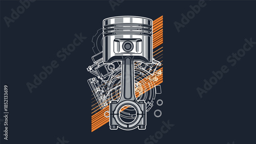 Professional engine piston design with technical drafting lines and vibrant orange stripes set against a dark blue background.