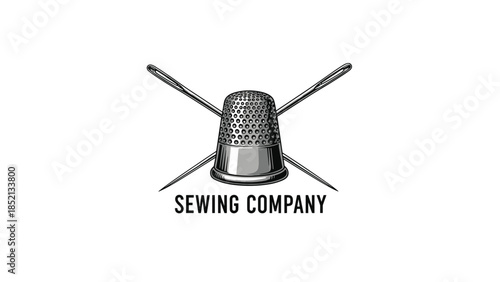Elegant logo design for a sewing company featuring a metallic thimble positioned in front of two long crossed sewing needles.