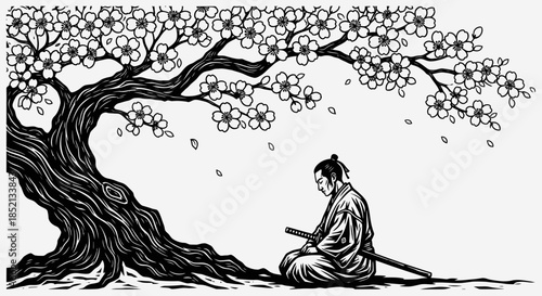 Meditative Samurai Reads Under Cherry Blossom Tree Contemplating.