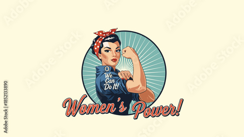 Iconic rosie the riveter style pop art illustration promoting women's power with a strong female character flexing her bicep.