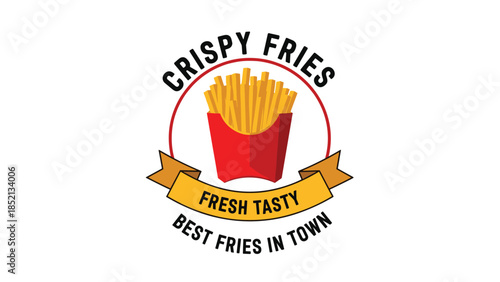 Modern fast food logo for crispy fries featuring a red carton filled with golden french fries and a decorative yellow ribbon banner.