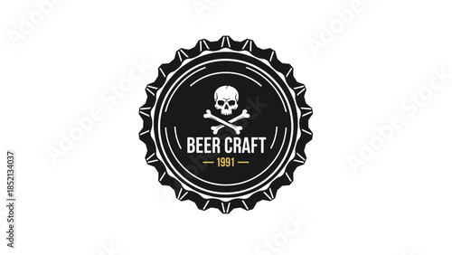 Beer craft logo design featuring a black bottle cap with a skull and crossbones icon and vintage typography for a local brewery.
