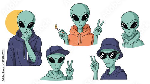 Creative set of five cool aliens wearing stylish human clothing like hoodies caps and sunglasses with various poses and expressions.