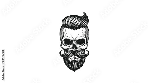 Detailed black and white portrait of a skull with a trendy modern hairstyle a well groomed mustache and a full beard for barbershops.