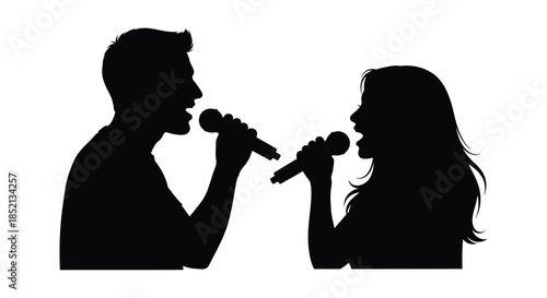 A couple passionately singing into microphones a dramatic and artistic representation silhouette