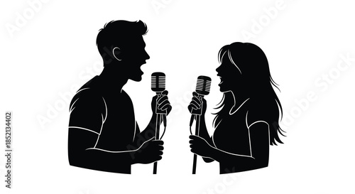 A couple singing a duet together into vintage microphones a striking black silhouette