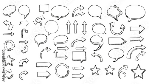 Hand Drawn Arrows and Speech Bubbles Vector Illustration Set