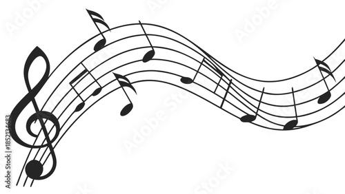 Musical notes and symbols flowing across a wavy staff, representing the art and rhythm of music