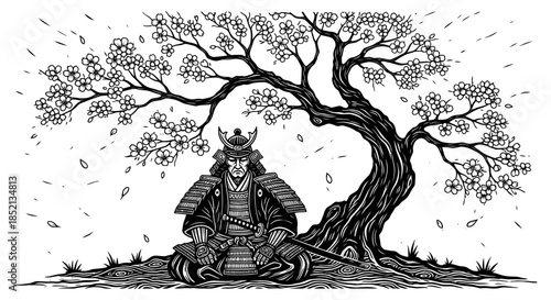 Samurai Warrior Meditating Under a Cherry Blossom Tree.