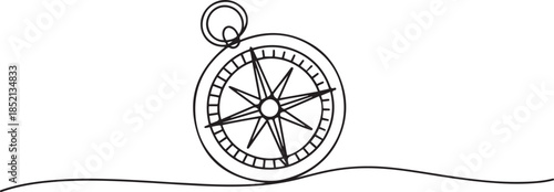 One continuous line drawing of traveller compass, Continuous Line Drawing of Compass Icon. Hand Drawn Symbol Vector Illustration. one line Icon drawing