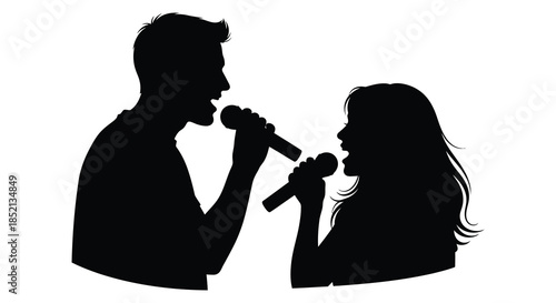 A couple singing together into microphones a striking black and white silhouette