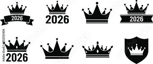 Black Crown Icons Set Year 2026 Shield and Ribbon Symbols collection
