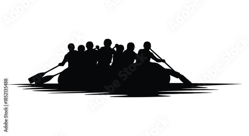 A team of rowers in a boat propelled through water black silhouette