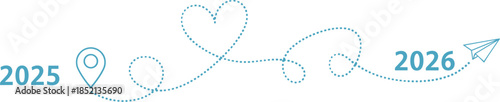 Dotted Line Path from 2025 to 2026 with Heart Shape and Paper Airplane Keywords: 2025, 2026, year, travel, journey, path, dotted