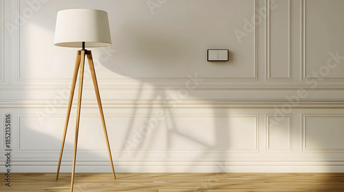 Minimalist Modern Interior with Wooden Floor Lamp in Elegant Empty Living Room, Neutral Wall Decor and Soft Natural Light