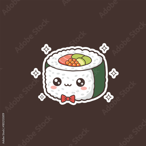 Cute Sushi Roll with Bow Tie and Sparkling Stars Illustration.