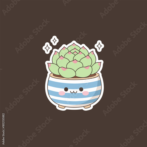 Cute Succulent Plant in Striped Pot with Kawaii Face.