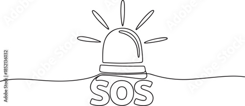 Single one line drawing flasher siren with text SOS. SOS concept. Continuous line draw design graphic vector illustration. one line Icon drawing