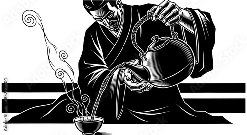Man in traditional attire pouring tea into a cup.