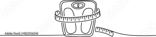 Single one line drawing body scales tied with measuring tape. A symbol to keep remembering healthy living at all times. Diet. Weights and Measures Day. one line Icon drawing