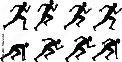 Silhouette Collection of a Runner in Various Stages of a Sprint Race running athlete