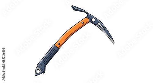 A classic mountaineering ice axe with an orange handle, a black grip, and a sharp steel pick for climbing.