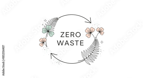 An elegant 'Zero Waste' logo with a recycling arrow symbol made of delicate hand-drawn flowers and fern leaves.