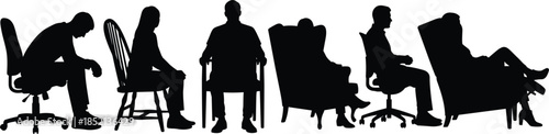 Silhouettes of People Sitting in Various Chairs on White Background vector illustration