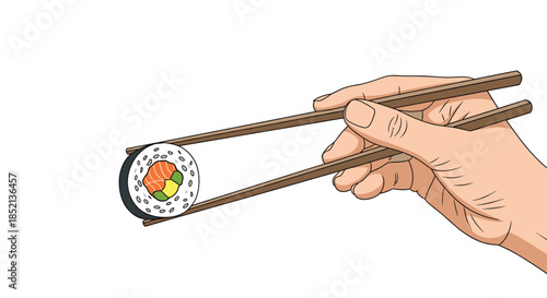 Close-up illustration of a hand using wooden chopsticks to pick up a fresh salmon and avocado sushi roll against a white background.