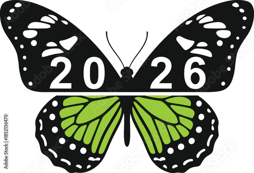 Stylized butterfly with the year 2026 integrated into its wings insect