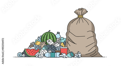 Vector illustration of a large pile of unsorted trash and a full garbage bag, highlighting issues of pollution and waste management.
