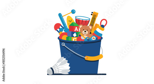 Blue bucket overflowing with a variety of colorful children's toys, including a teddy bear, blocks, and a drum, on a white background.